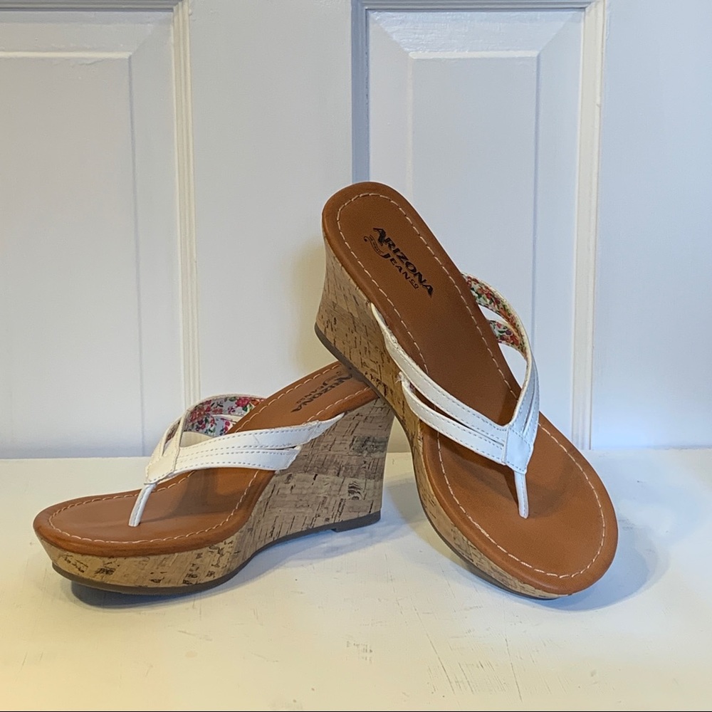 NEW Arizona Cork Wedge Sandals with White Straps